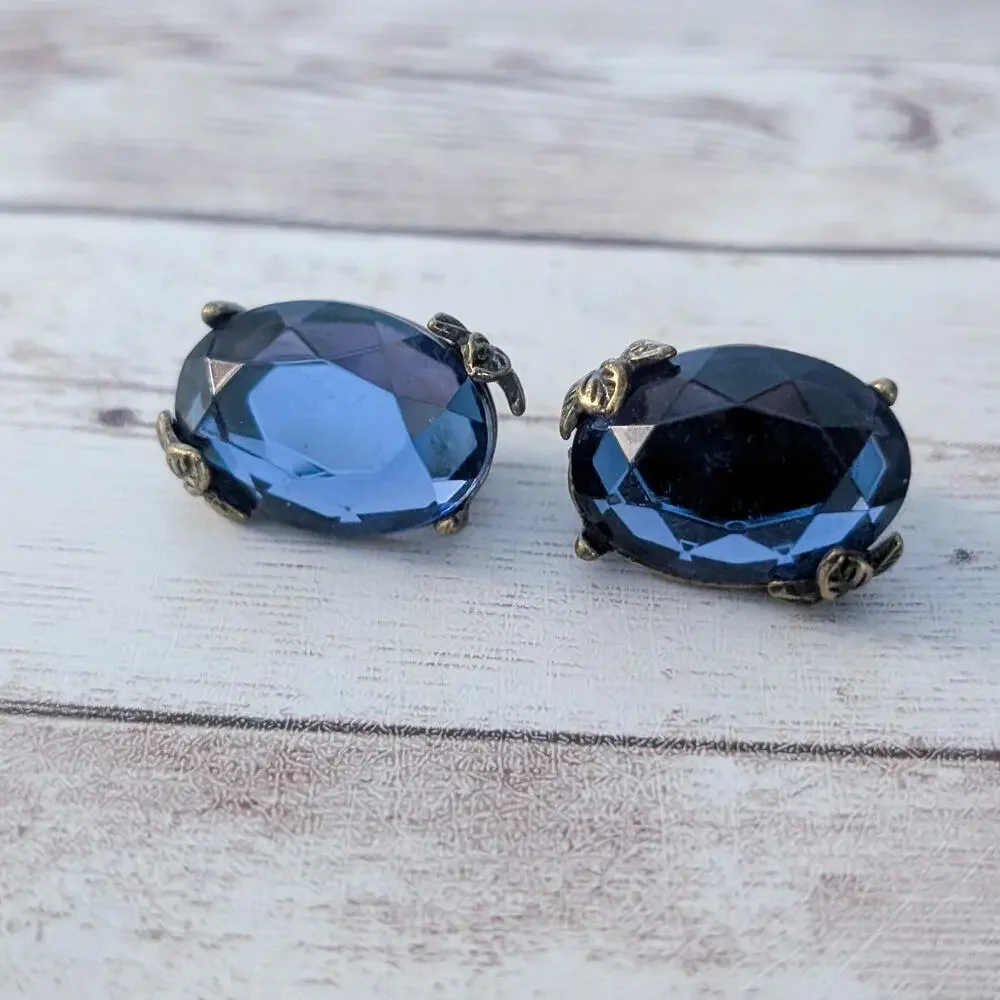 Vintage Clip On Earrings Large Blue Gem with Leaf Detail